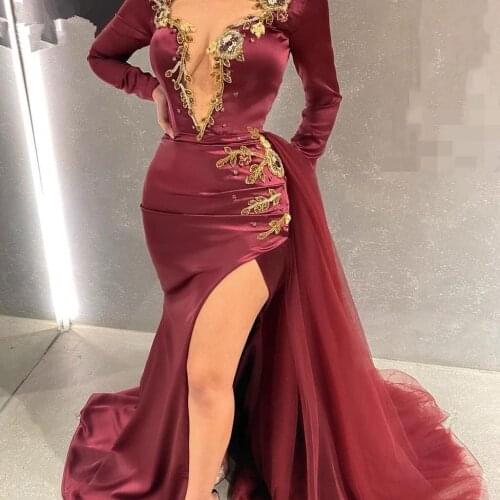 Burgundy Evening Dresses Mermaid V-neck Long Sleeves Appliques Slit Sexy Saudi Arabia Long Prom Dress Gown Robe De Soiree