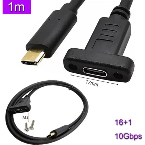 1pc USB C Type-C Male To Female Extension Data Cable with Panel Mount Screw Hole 10Gbps 1m