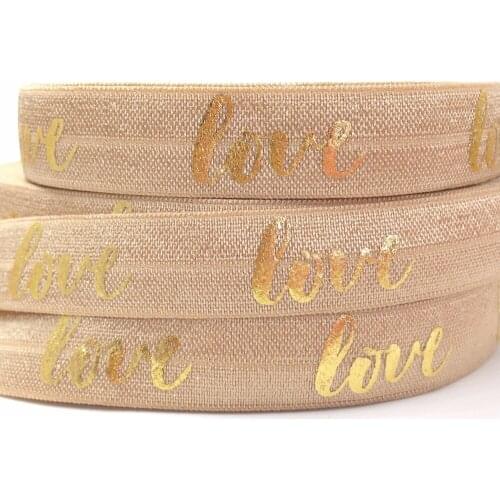 10 yards High Quality LOVE Print Fold Over Elastic 5/8" Gold FOE Ribbon for Bracelet DIY Head wear 10 yard rolls is acceptable