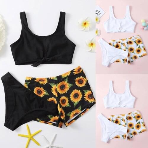 2021 Kids Swimwear For Girls Summer Cute Criss Cross Sunflower Print Three-piece Swimsuit Bathing Suit Детские Костюмы