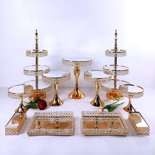 3-16pcs Crystal Metal Cake Stand Set Acrylic Mirror Cupcake Decorations Dessert Pedestal Wedding Party Display Tray