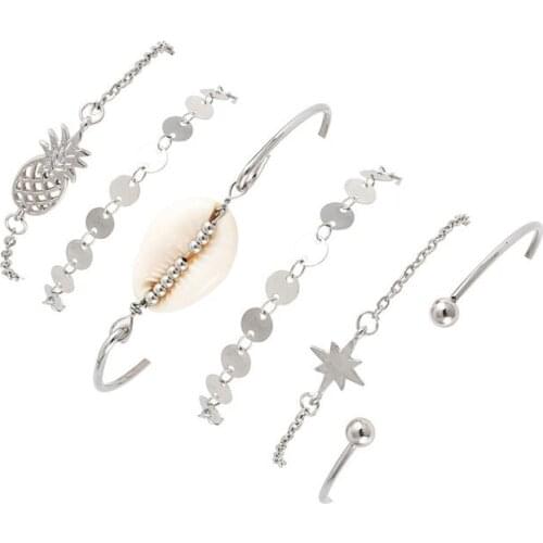 6 Pcs/Set Vintage Shell Pineapple Star Sequins Chain Bracelet Set Classic Women Ethnic Style Beach Jewelry Accessories