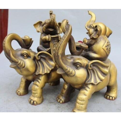 9"Chinese Bronze Brass Wealth Money YuanBao Auspicious Elephant Ruyi Pair Statue