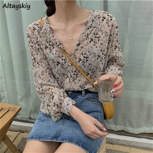 Blouse Women V-neck Lovely All-match Vintage Floral Summer Autumn Popular Ladies Shirts Elegant Simple Womens Tops and Blouses
