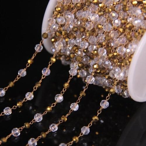 5Meters 3x4mm Clear Glass Faceted Rondelle Bead Rosary Chains Supplies,2mm Glass Round Bead Brass Wire Wrapped Chain Necklaces