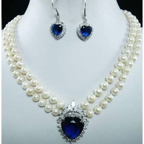 Brand New High Quality Fashion Picture 7-8mm Natural White Pearl Blue Crystal Pendant Necklace Earrings Set Jewelry jade cryst
