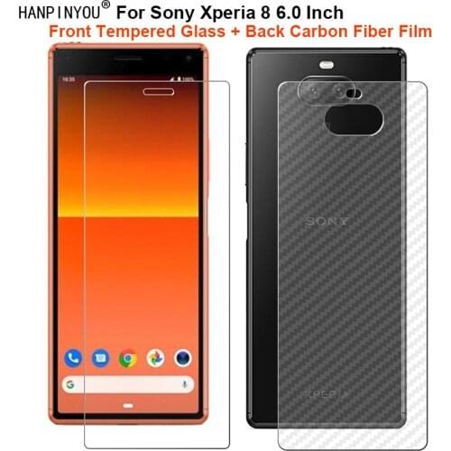 For Sony Xperia 8 6.0" 1 Set = Soft Back Carbon Fiber Film + Ultra Thin Clear Premium Tempered Glass Front Screen Protector