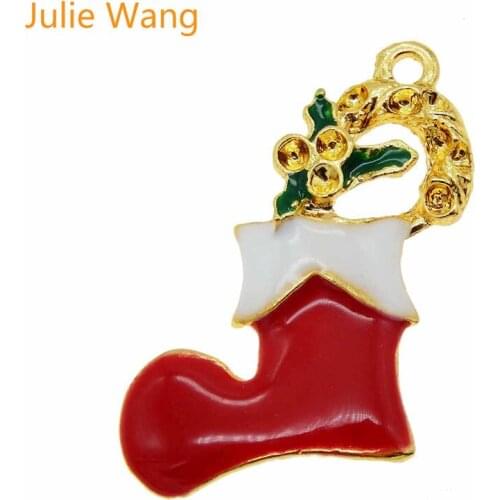 Julie Wang Gold Tone Enamel Red Christmas Socks Charms Pendant Xmas Small Handmade Bracelet Necklace Jewelry Making Accessory