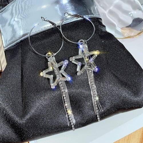 Exknl Star Big Tassel Drop Earrings Women Wedding Vintage Crystal Rhinestone Statement Korean Long Earrings Fashion Jewelry 2021