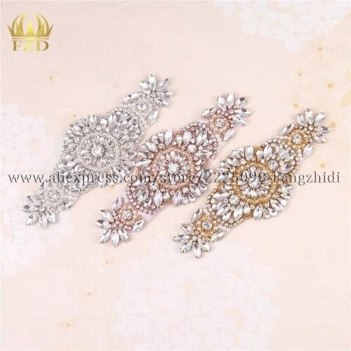FANGZIDI 1 piece Bridal Wedding Beaded Crystal Rhinestones Applique For Sash Belt Wholesale Beading Glass Trimming Waistband