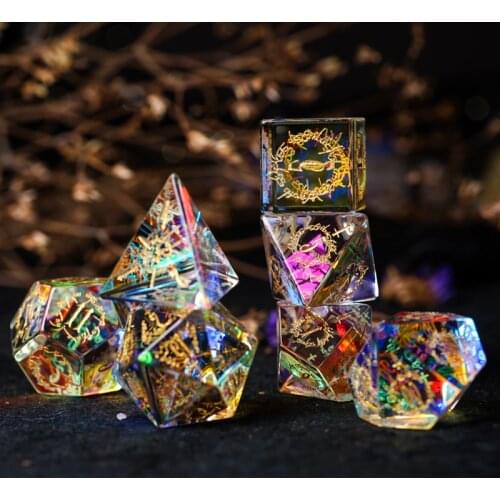 Fantasy Crystal D20 Polyhedral Dice Set Magic Symbol Eelves Words Dice Handmade Engrave Stone Dice For D&D RPG Board Games Gift