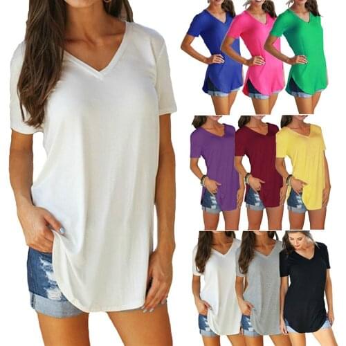 Summer Women T-shirt Solid V Neck long Short Sleeve Rounded Hem Long tshirt Casual Top female Tunic plus size S-5XL A42709