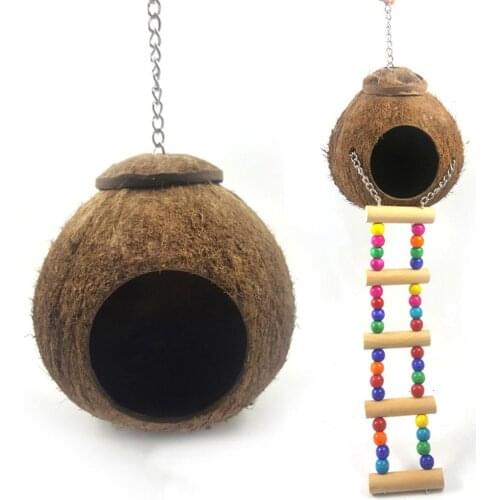Bird Toys Coconut Shell Bird Nest House, Hut Cage Hanging Lanyard Feeder for Pet Parrot Finches Sparrows ( Nest + Stairs )