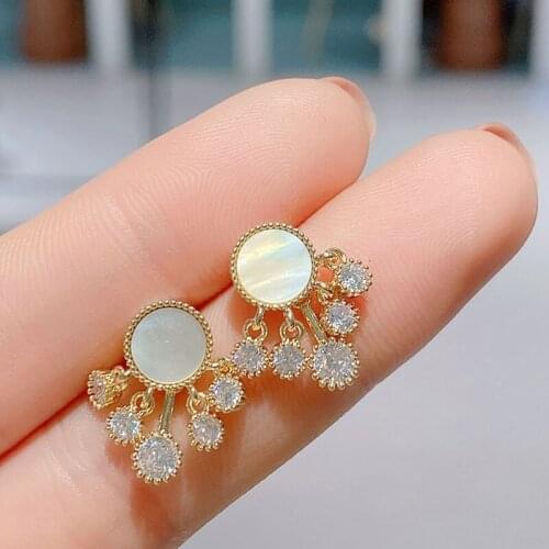 Exquisite 14K Gold Flower Natural Shell Zircon Stud Earrings for Women French Style Handmade Earring Korean Fashion Jewelry