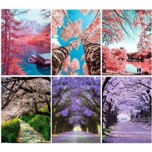 GATYZTORY DIY Painting By Numbers Cherry Road Oil Painting HandPainted Home Decor Gift Landscape Canvas Drawing