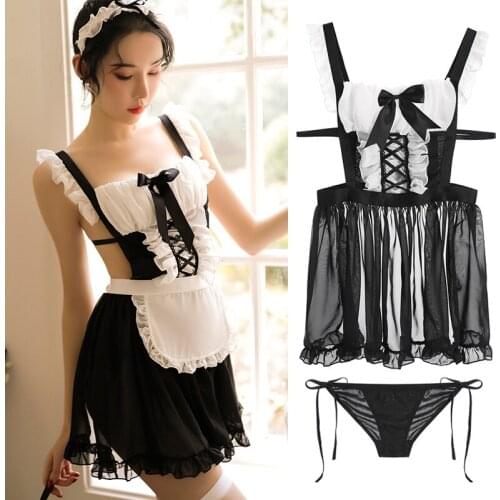 Womens Erotic Lingerie Set Maid Cosplay Uniform with Headband Underwear Dress TT@88