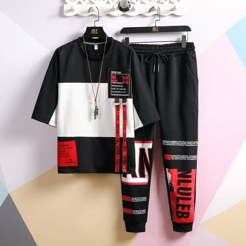 Mens Japanese Streetwear Sets Summer Patchwork Print Short Sleeve T Shirts + Sweatpants Men Hip Hop Tracksuit Korean Clothes