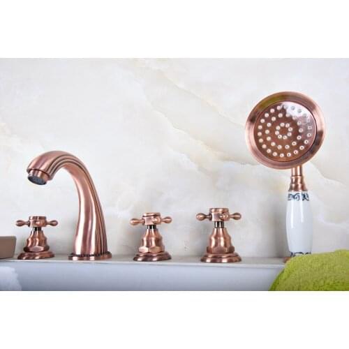 Red Copper Antique Bathtub Faucet Three Handles Bathroom Bathtub Faucet Deck Mounted Hot and Cold Water Mixer Basin Tap ttf181