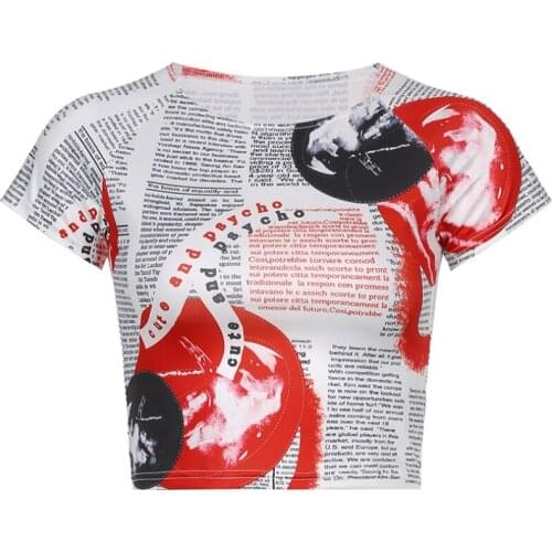 NEWDISCVRY Vintage Print Crop Top Y2k Esthetische T Shirt Korte Mouw O Hals Basic Truien Vrouwen Harajuku Zomer Tee 90S Hot