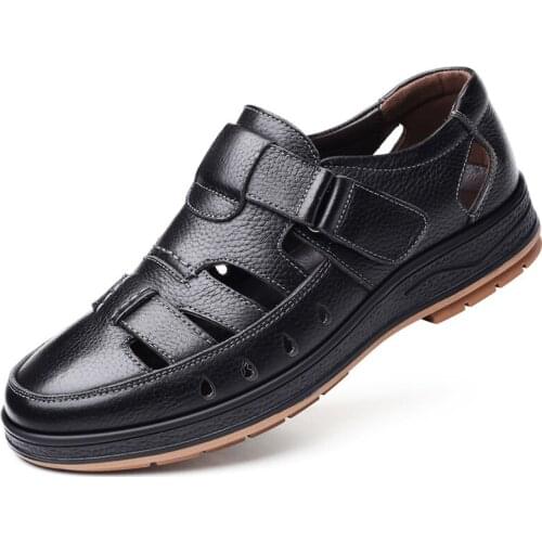 Summer Mens Leather Sandals Dad Middle-aged Non-slip Soft Bottom Hole Soil Shoes