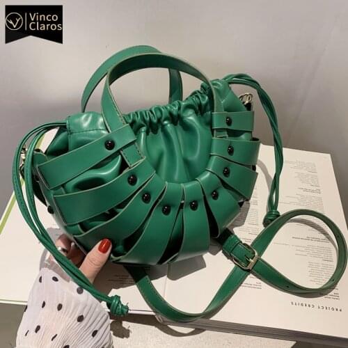 Fashion Hollow Out Weave Leather Circular Handbags for Women 2021 Designer Luxury Shoulder Crossbody Bags String Sac A Main New