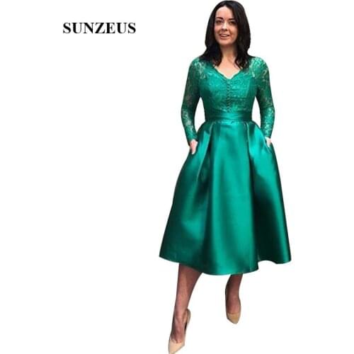 Green Mother Of The Bride Dresses With Lace Long Sleeves V-neck A-line Tea Length Evening Party Dress For Women Satin Robe