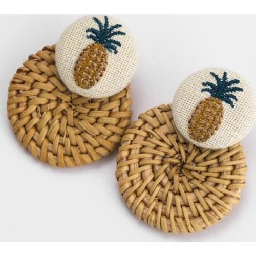 Handmade Pineapple Drop Earrings For Women Wooden Straw Weave Rattan Earrings Big Round Wedding Trendy Dangle Jewelry2019