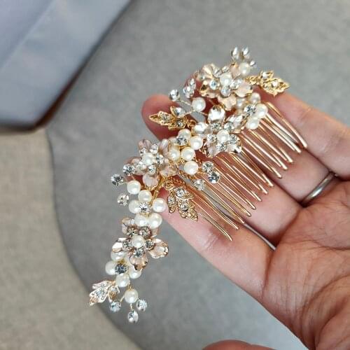 Golden Pearl Flower And Leaf Wedding Comb Handmade Bridal Headpiece