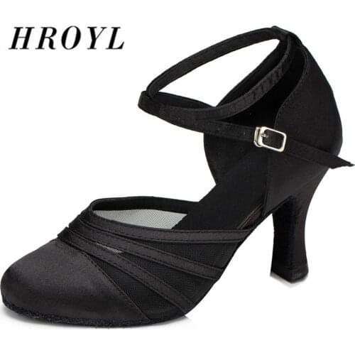 HROYL Womens dance shoes Latin Tango heeled ballroom dance shoes Silk printing Salsa wedding party dancing wholesale 5-10CM