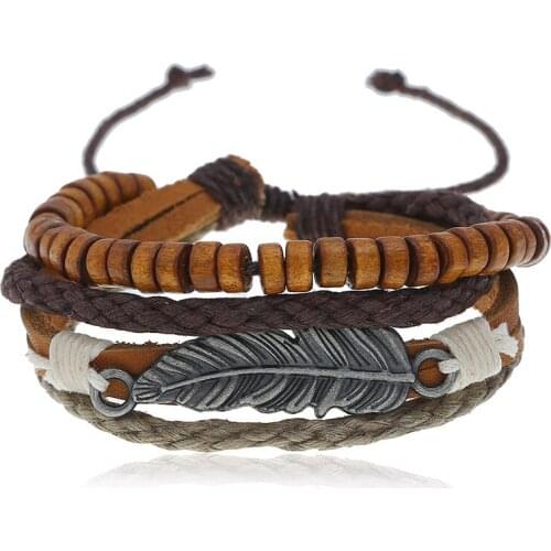 Vintage Multilayer Braided Leather Bracelet Bangle For Man Woman Adjustable Feather Beaded Jewelry Gift Dropshipping