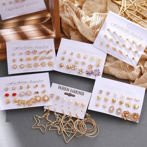 VKME 9 Pairs Fashion Crystal Pearl Stud Earrings Set For Women Bohemian Flower Butterfly Earring Geometric Drop Earings Jewelry