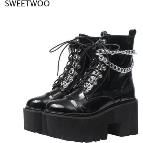 2021 Women Gothic Ankle Boots Zip Punk Style Platform Shoes Goth Winter Lace-Up Booties Chunky Heel Sexy Chain Midcalf Boots