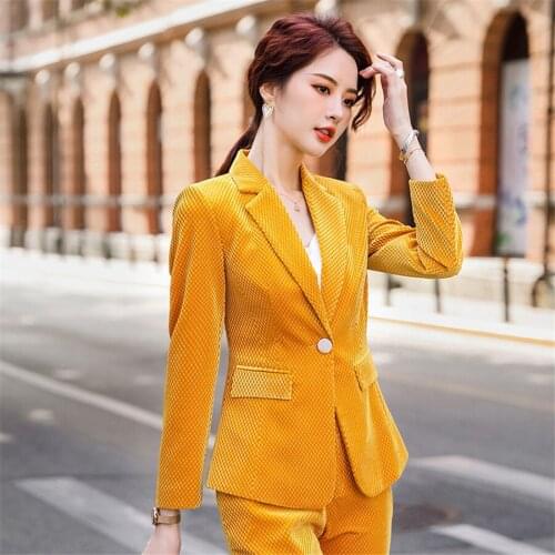 Women Golden velvet Suits Set Office Ladies Formal suit Business One Buckle Blazer+Pants Two-piece Set Elegant Work Clothing