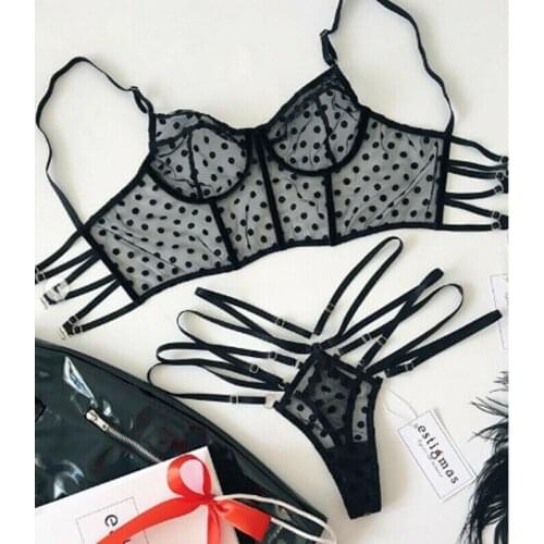 Women Ladies Sexy Lace Mesh Dot Bralette Bralet Bra Bustier Crop Top Cami Tank Underwear Set Black Red