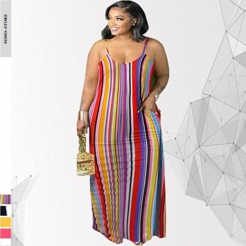 Plus Size Summer Dress 4xl Sexy Round Collar Backless Print Striped Sling Swing Loose Casual Maxi Dresses Wholesale Dropshipping