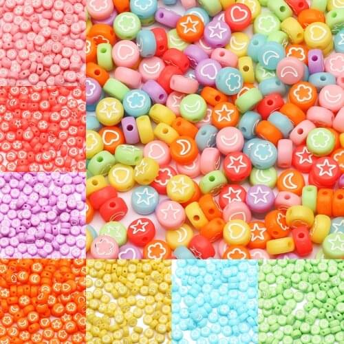 100-500pcs/lot Colored Round Acrylic Beads White Heart/Flower/Star/Moon Pattern Supplies For Jewelry Making Crafts Diy Necklace