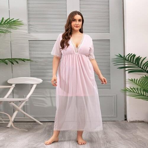 2021 Womens Summer Dress Plus Size Female Deep V Neck Short Sleeve Lace Patchwork Sexy Night Dress Big Size Sleepwear Clothes