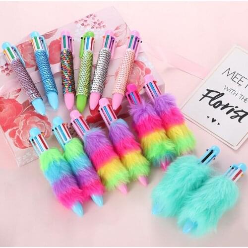 24PCS Creative Plush Sequin Color Ballpoint Pen Multi-color Core Students Write Hand Account Pen Office Supplies Stationery