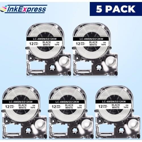 5PK 12mm SS12KW Tape For Epson SS12KW Label Tape Black on White Tape For Epson LW-300 C410 LW-400 Label Maker King Jim LC-4WBN