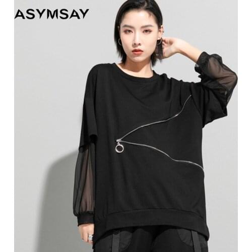 ASYMSAY Summer New 2021 Womens T-shirt Zipper Decoration Stitching Loose Streetwear Casual Mesh Long Sleeve T-shirt Blouse
