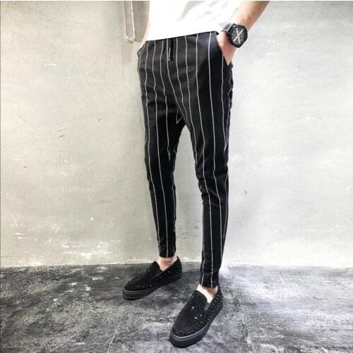 M-5xl 2020 Spring New Fashion Black And White Stitching Striped Slim Pants Men Feet Pants Casual Lacing Harem Pants Trouser