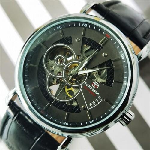 Forsining Transparent Self Wind Black Men Skeleton Taste Automatic Mechanical Watches Top Brand Luxury Casual Wear Genuine Belt