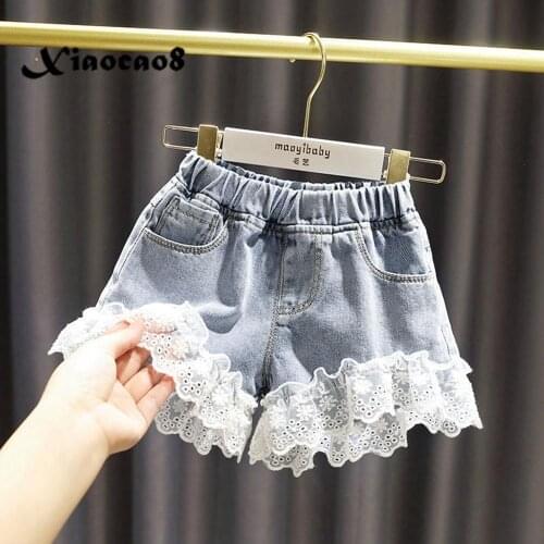 Big Girls Denim Shorts Kids Toddler Lace Shorts for Girls Pocket High Waist Jeans Short Pants Children Summer Clothing8 10 12 14