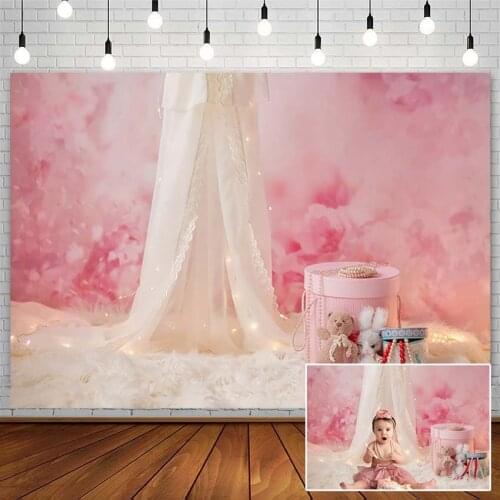 Baby Shower Backdrop Curtain Toy Bear Pearl Feather Pink Floral Princess Girl Birthday Decor Photography Background Photo Studio