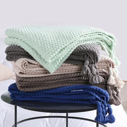 Cotton Knitting Decoration Blanket Concis Modern Nap Sofa Throw Blanket With Tassels,Color Crystal Blue Mint Green