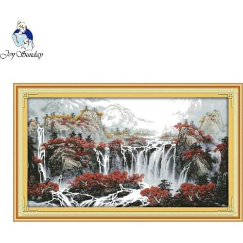Joy Sunday Autumn Mountain With Fountain Counted Cross Stitch Cross Stitch Kit For Embroidery Home Decor Needlework Cross Stitch