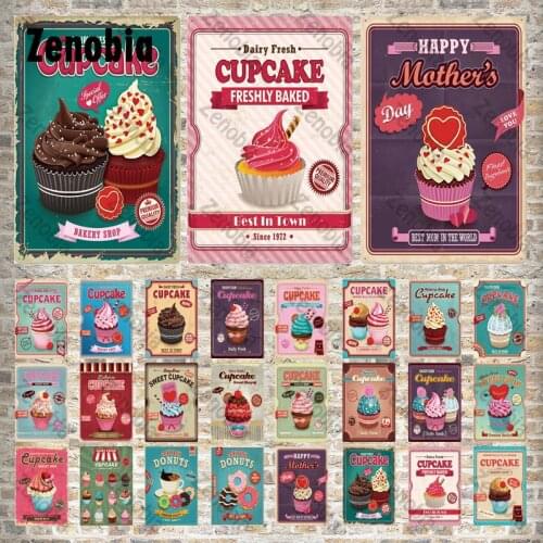 Cupcake Vintage Metal Poster Sweet Decoration Plaque Fresh Cupcake Freshly Baked for Kitchen Wall Stickers Plates Room Decor