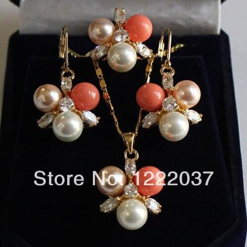 NEW plated crystals/shell pearl necklace earrings ring set