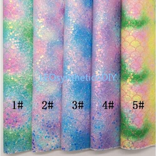 LEOsyntheticoDIY Rainbow Mermaid Chunky Glitter Vinyl Fabric Sheet Felt Backing Synthetic Leather Faux Vinil DIY A4 SIZE R028
