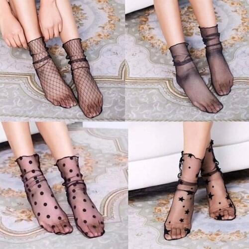Summer Sexy Retro Lace Floral Mesh Women Girl Socks Elastic Fashion Lady Soft Short Socks Female Crystal Silk Ultrathin Sock